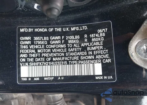 2017 Honda Civic Lx from USA, damaged, VIN SHHFK7H21HU232315